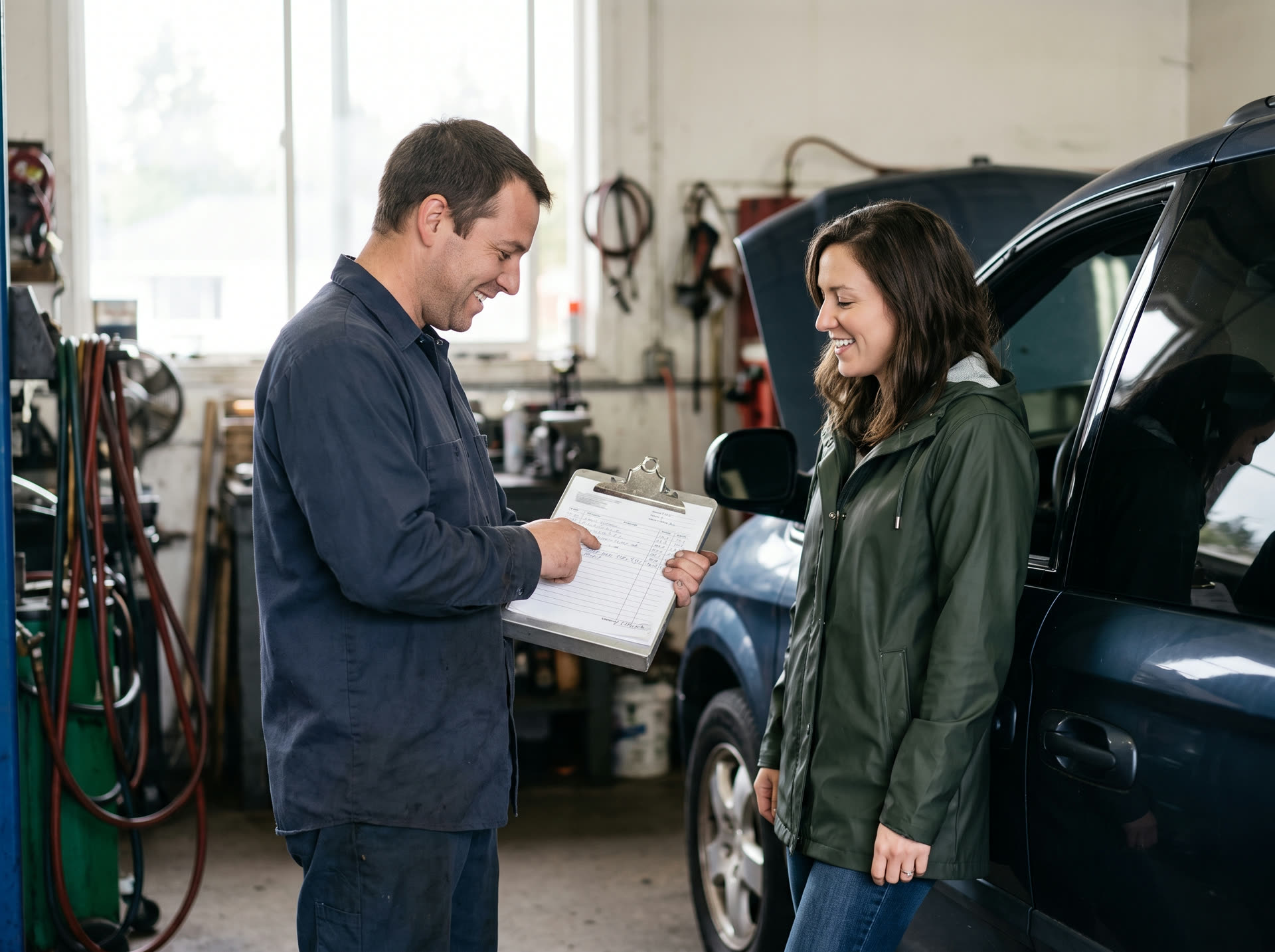 A Family Auto Mechanic technician reviewing a repair estimate with a customer beside her car