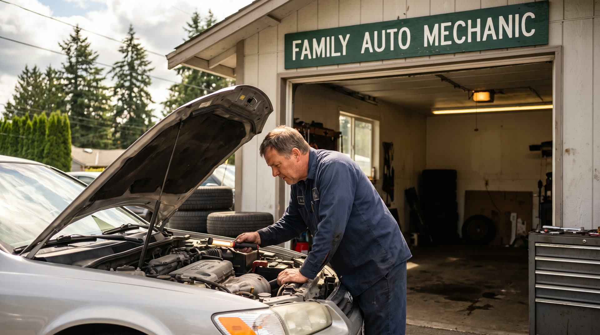 A mechanic checking the engine of a customer's car outside the Family Auto Mechanic garage in Everett, Washington